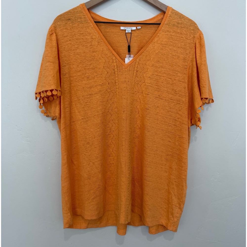 NWT Chico's Orange Embroidered Linen Pom Pom Trim Short Sleeve Tee XXL Size 4